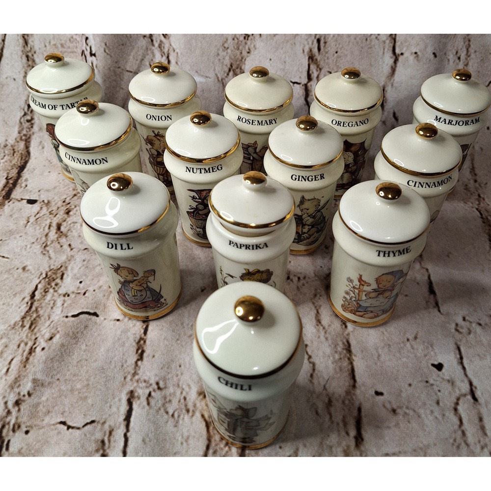 Vintage  13pc Goebel Hummel Porcelain Spice JarsGold Trim Japan 1980's